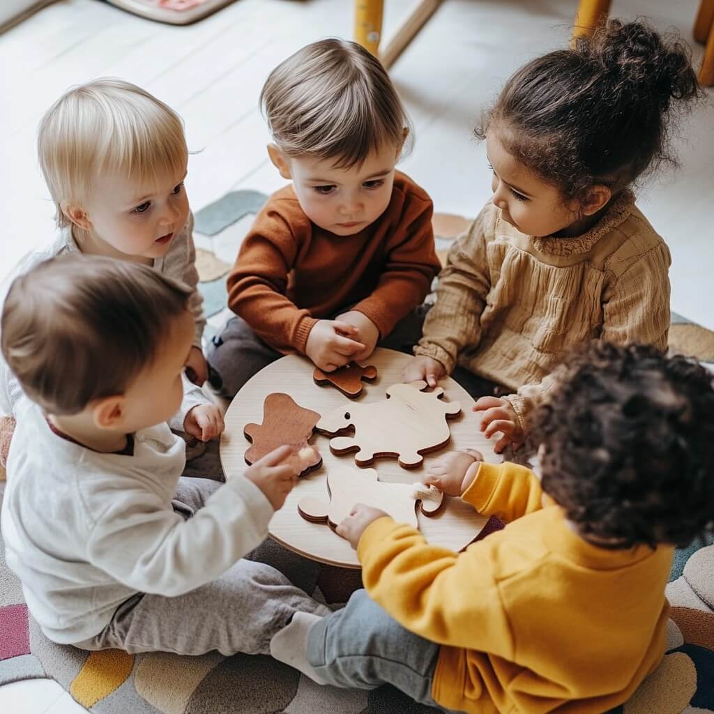 Group of toddlers putting together a puzzle.