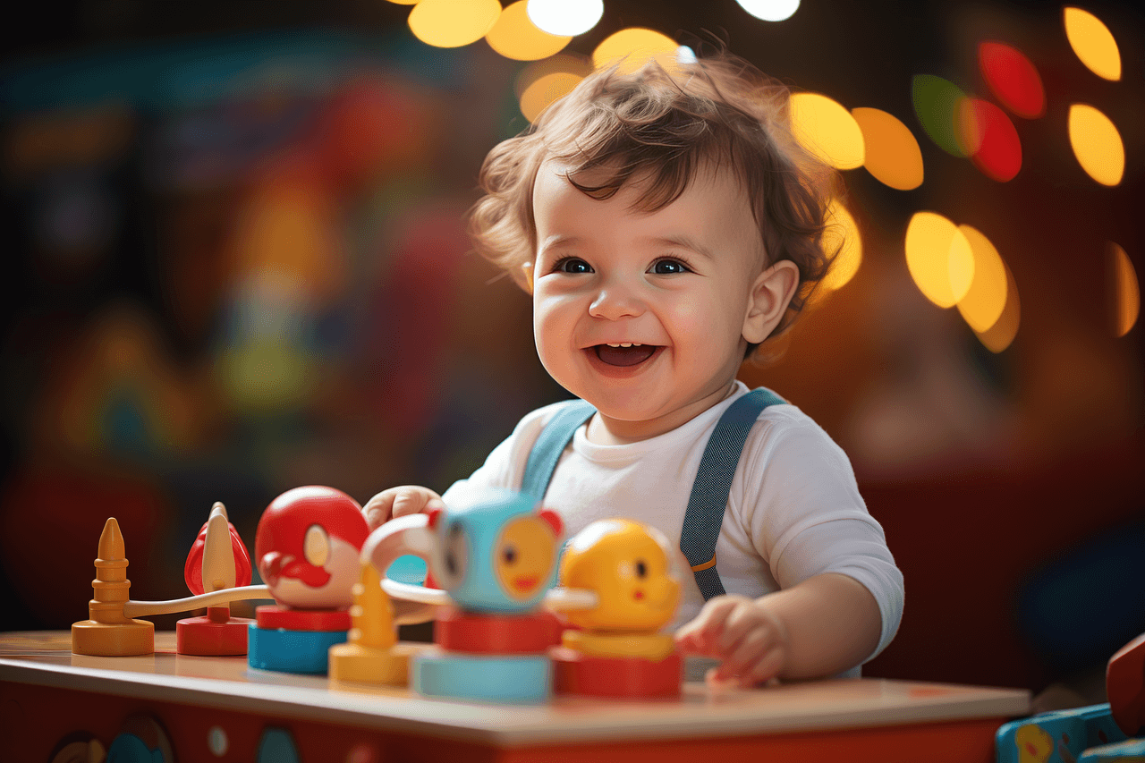 Toddler sitting at table playing with smile on his face. Ai-generated.