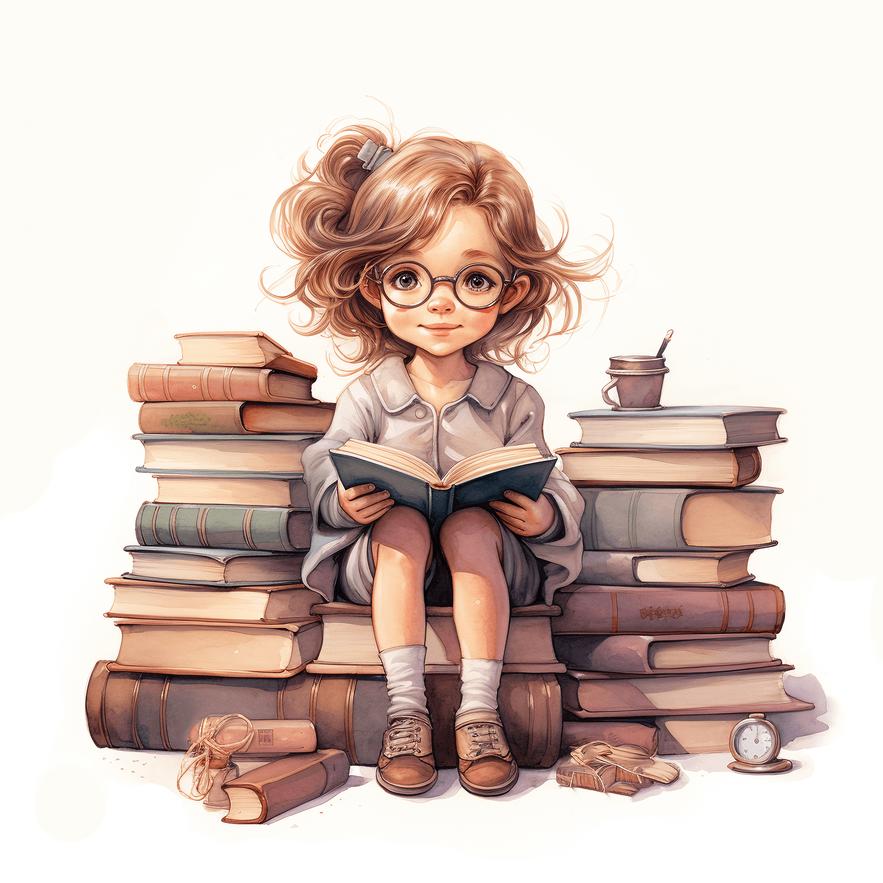 Young Girl Reading with books all Around Her.