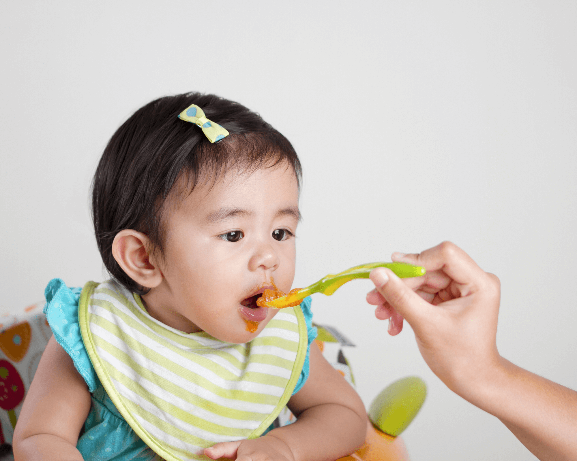 Baby girl being fed in high chair. 