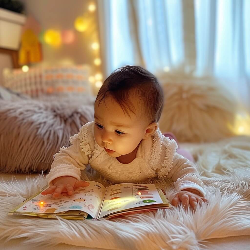 Baby lying on Floor looking at colourful Pictures in a Book