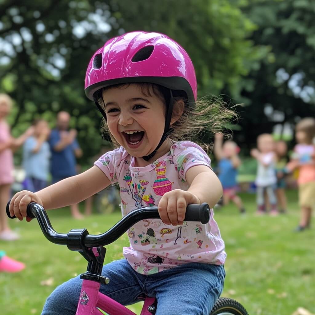 Little girl riding bike and laughing.