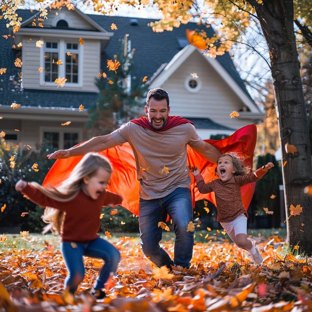 dad playing superhero with kids