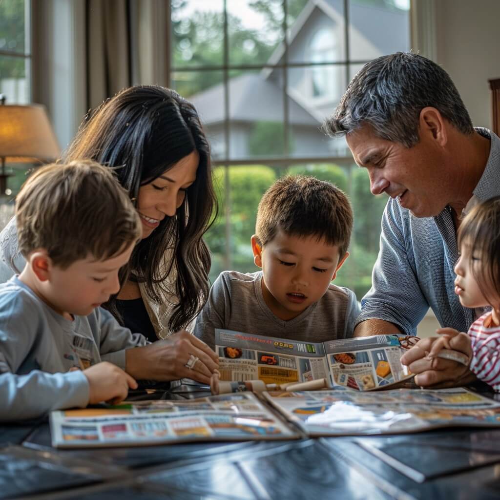 Family Going Through and Reading Pamphlets.