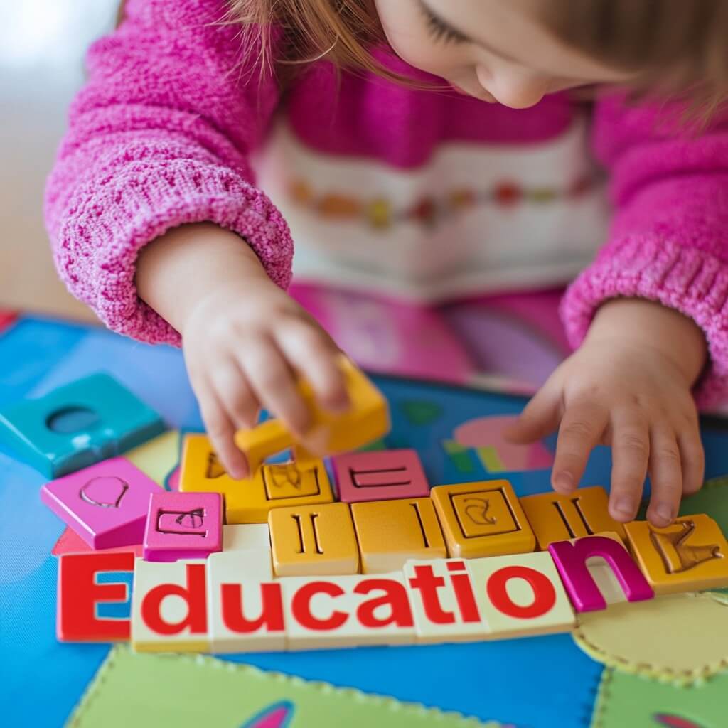 Girl Arranging Letter Blocks to Say the Word Education