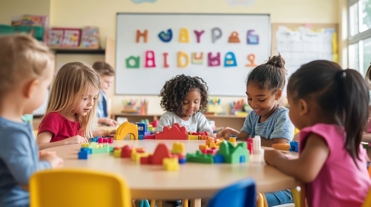 Kids sitting around table using educational toys. 