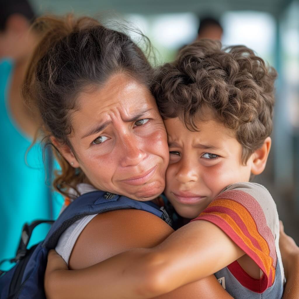 Mom and boy saying goodbye, both crying.