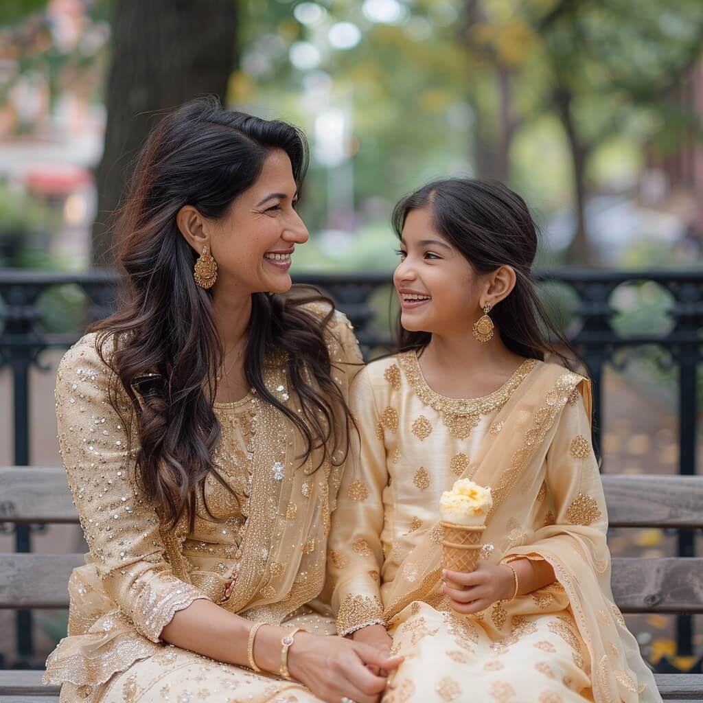 momanddaughtersittingonbench