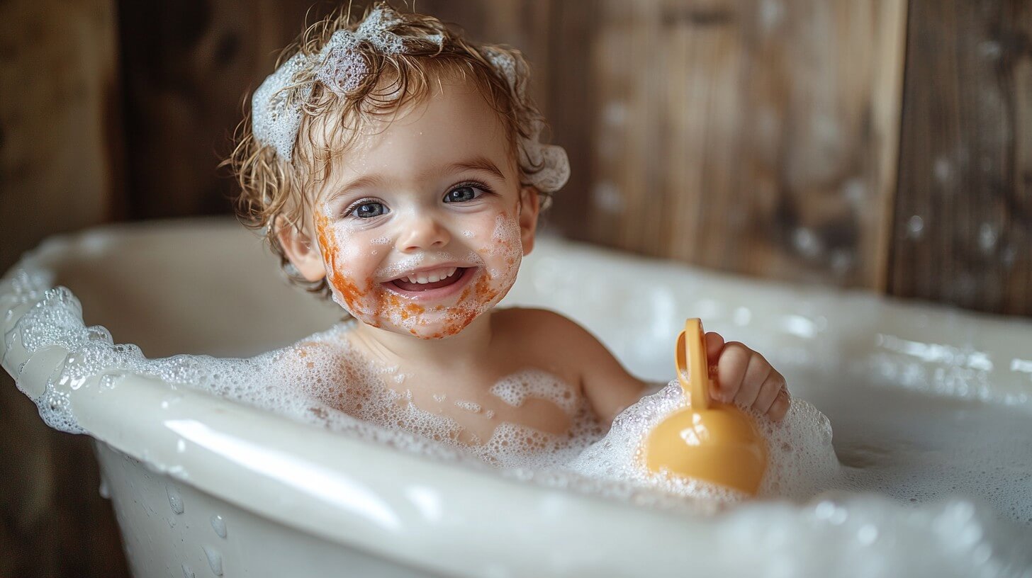 Happy toddler having a bath.