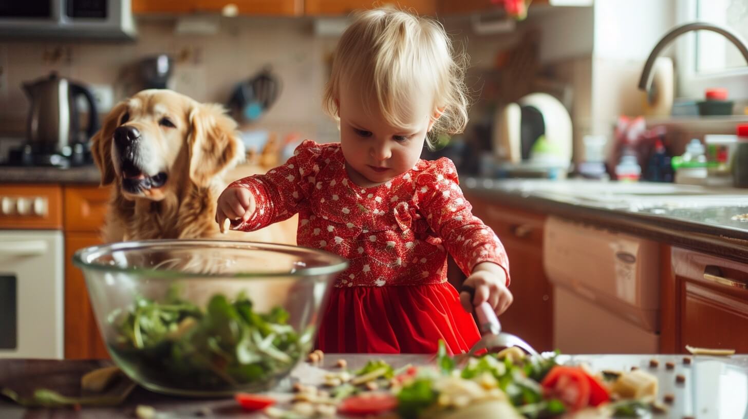 Toddler helping to prepare salad.