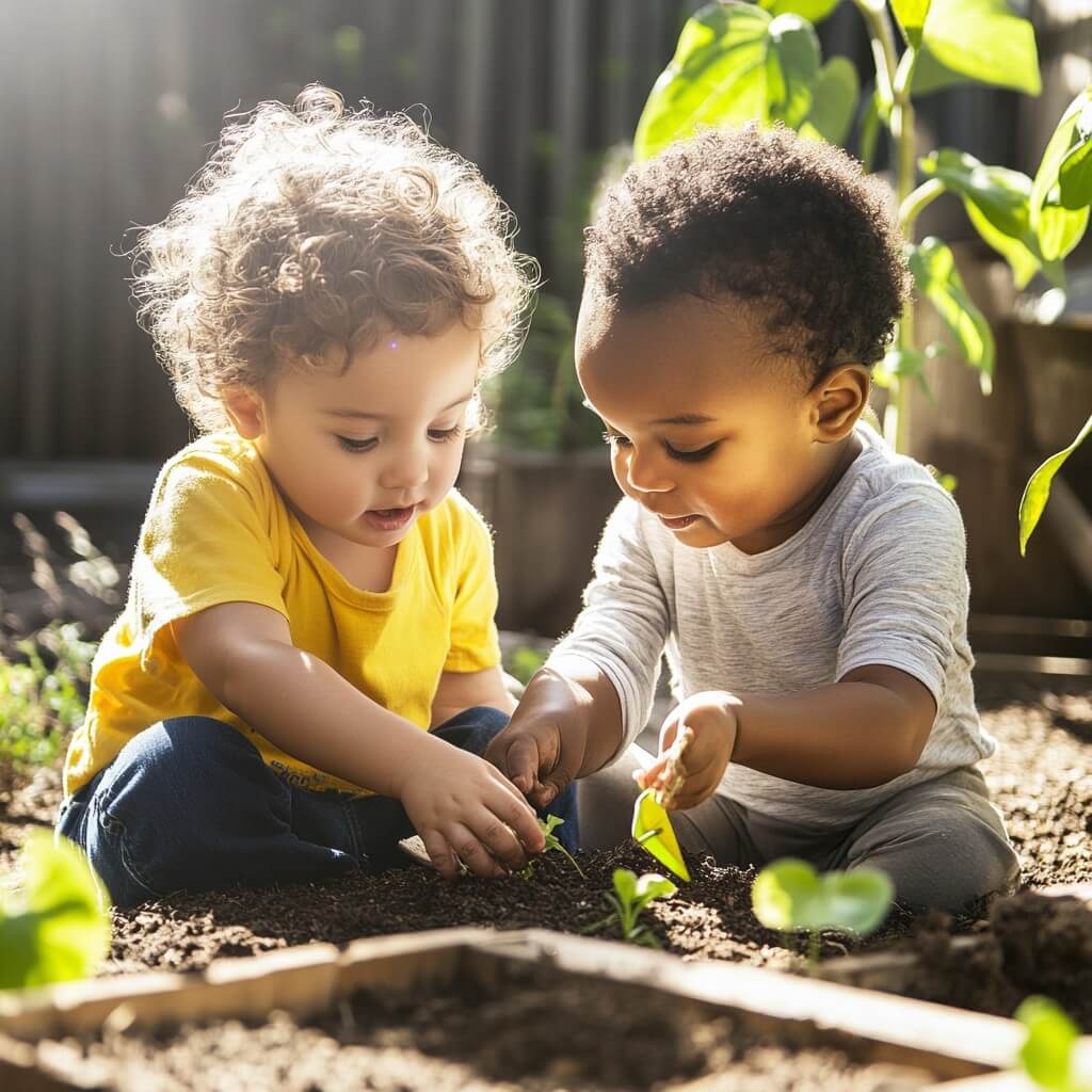 Two toddlers playing in the garden.