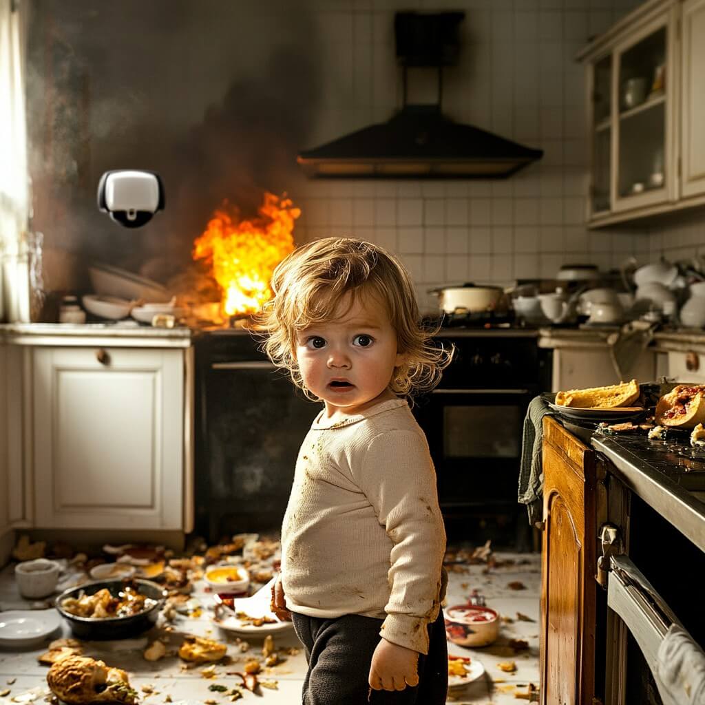 Toddler standing in the middle of a mess in kitchen. 