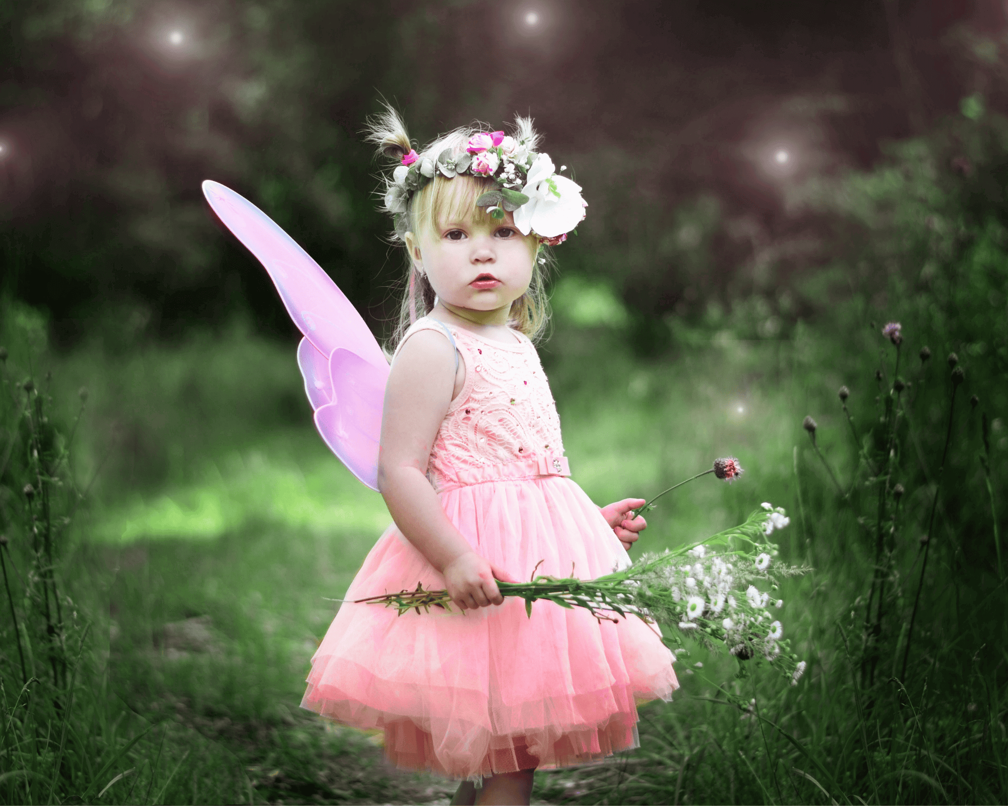 Baby girl standing outside in nature wearing a pink dress. 