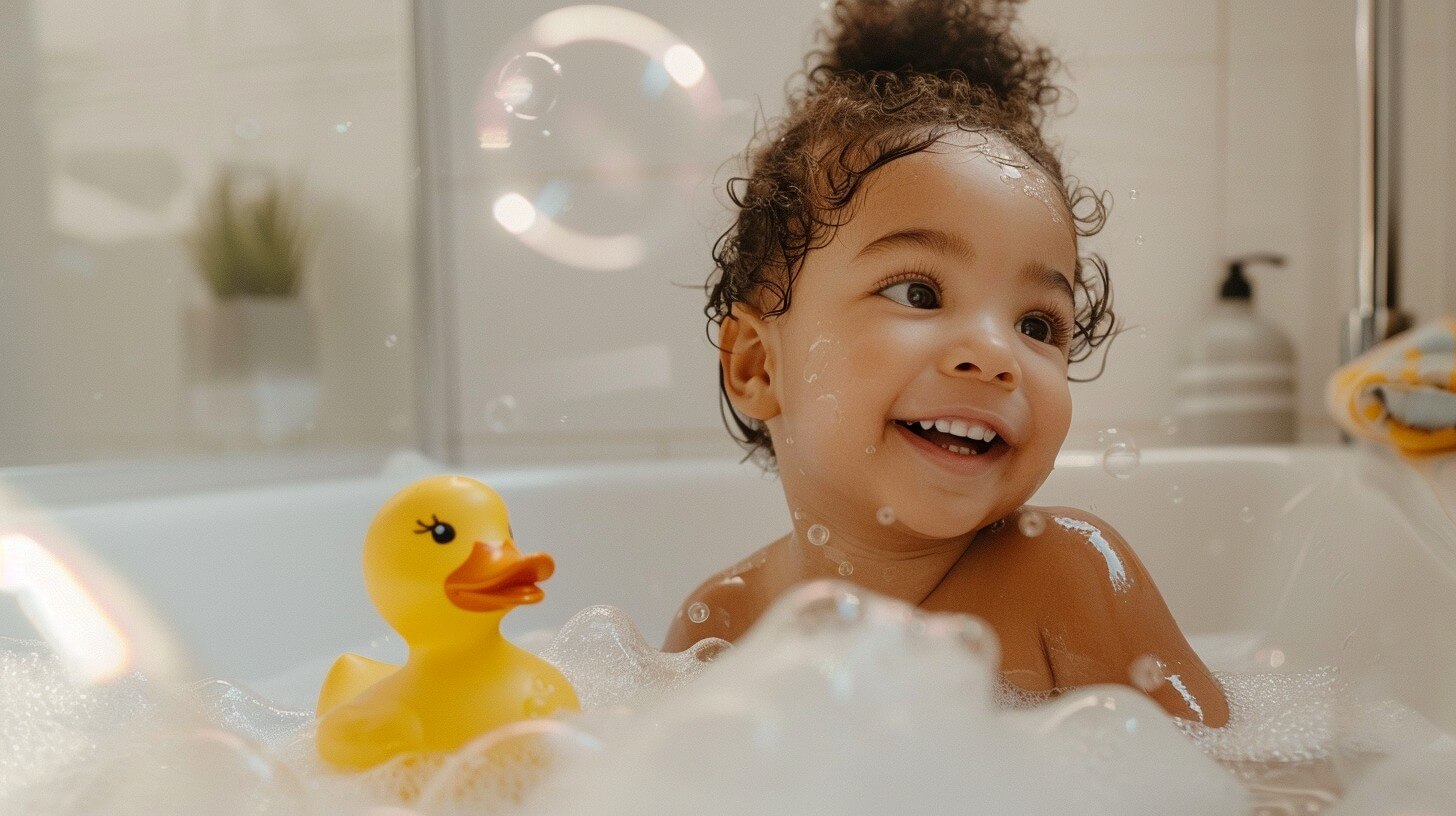 Female toddler in bath tub.